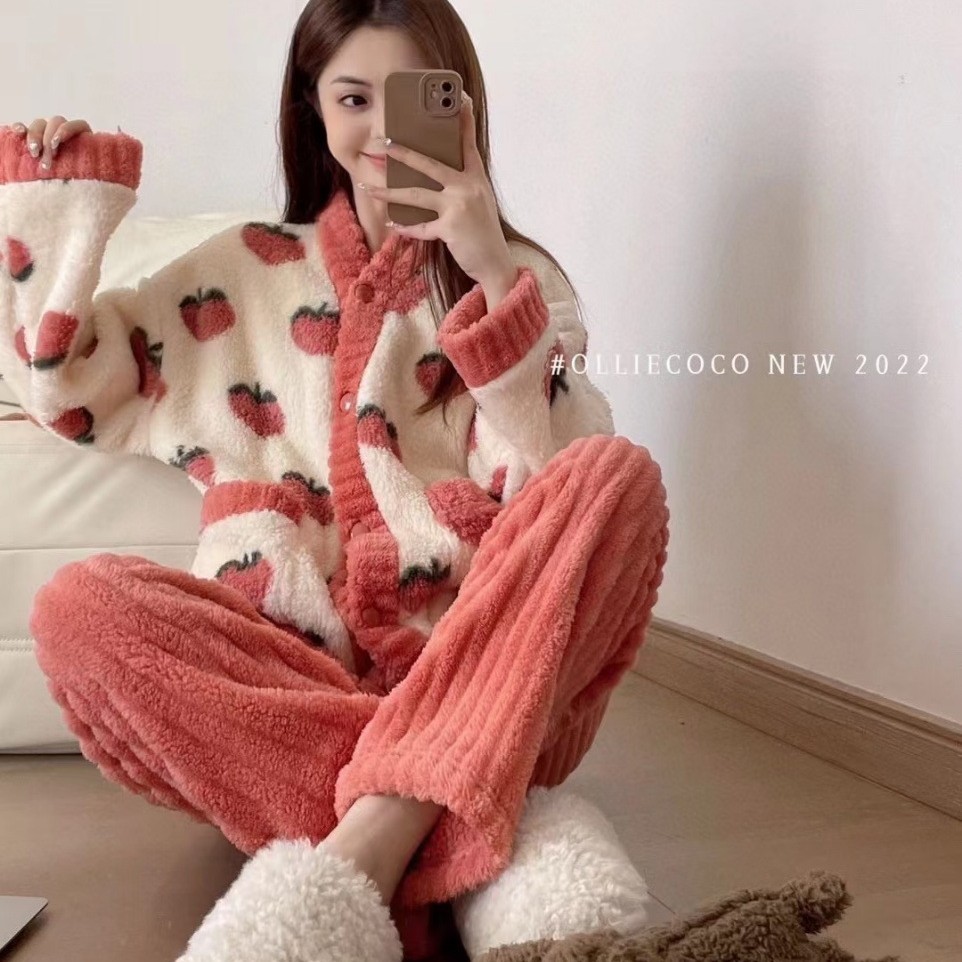 秋冬乌龙桃睡衣套装女2022冬季新款日韩甜美加绒加厚珊瑚绒家居服