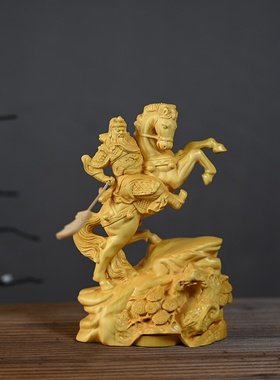 黄杨木雕刻骑马关公武财神家居摆件书桌办公装饰饰品工艺品摆件