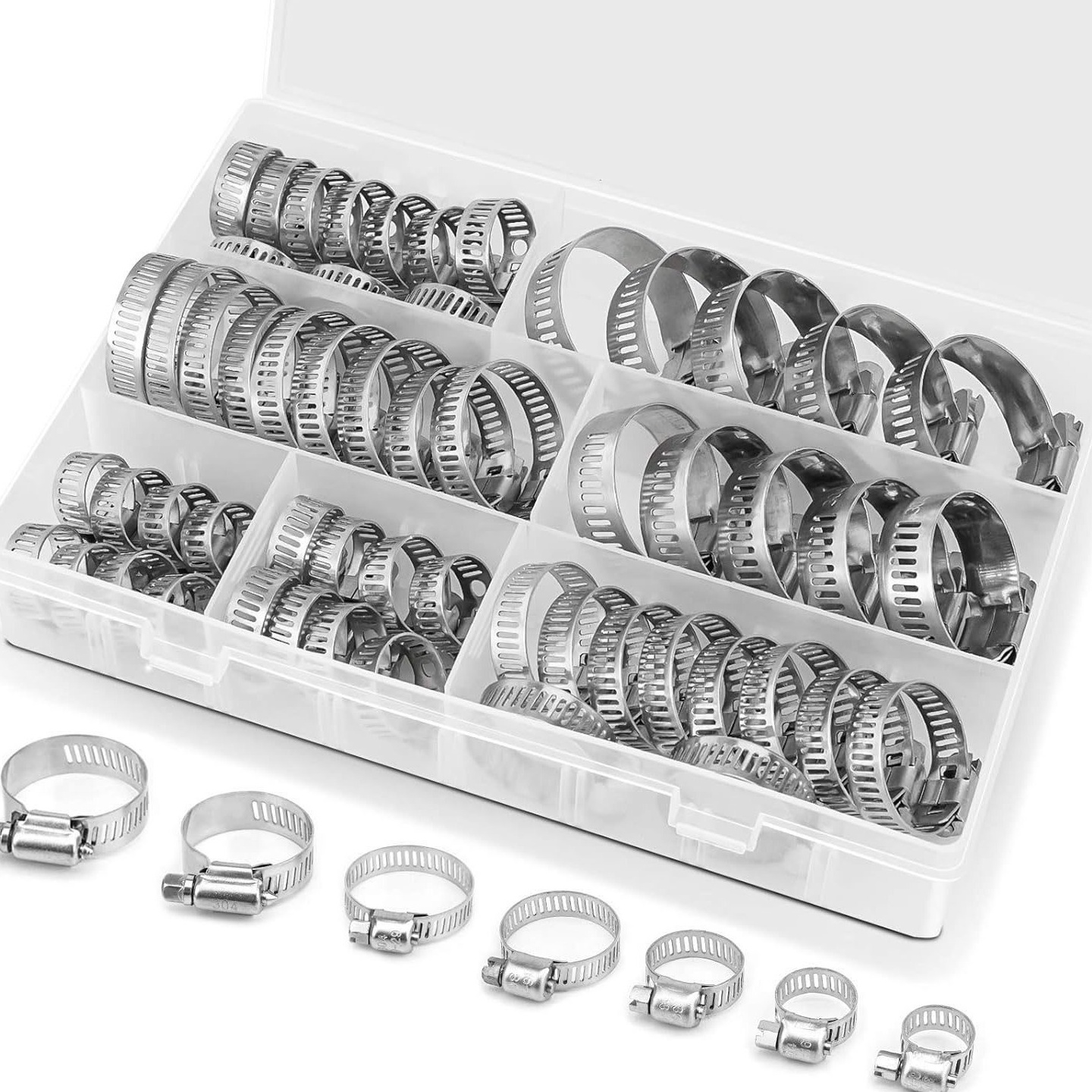 跨境 60pcs 盒装 英制 304不锈钢喉箍卡箍抱箍蠕虫齿轮软管夹