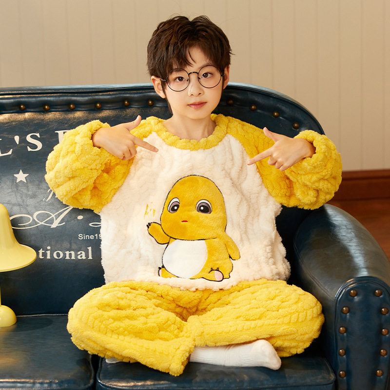 儿童睡衣秋冬季法兰绒加厚款中大男童男孩青少年珊瑚绒家居服冬天