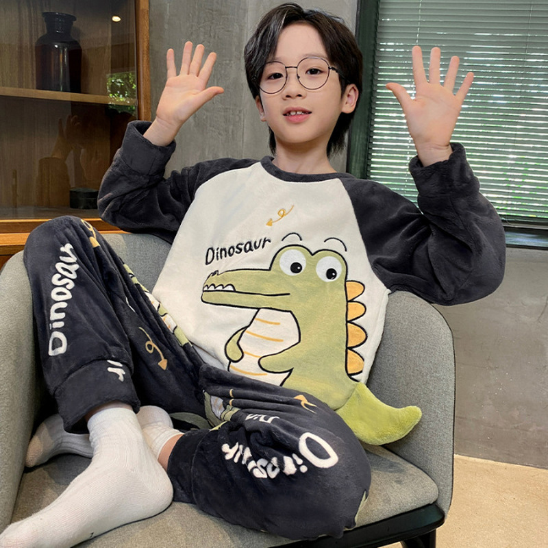 儿童法兰绒睡衣2025新款秋冬款加厚男孩宝宝珊瑚绒套装男童家居服