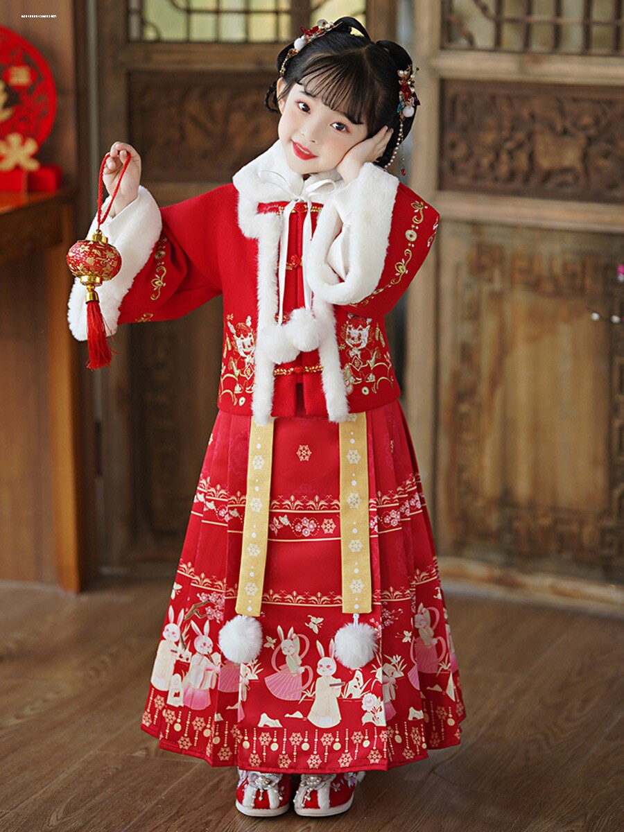 汉服冬款女童女宝龙年拜年服冬季新年冬装女儿童过年喜庆唐装衣服
