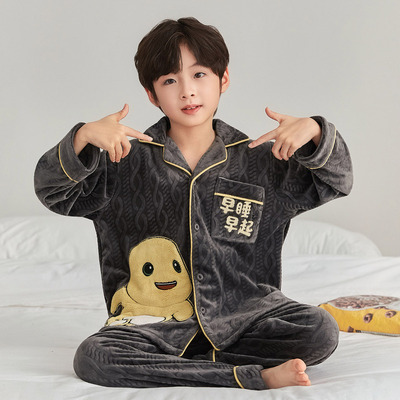 男童珊瑚绒睡衣秋冬2025新款青少年男孩半边绒儿童家居服加绒套装