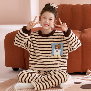 女童睡衣秋冬季雪粒绒加厚珊瑚绒2025新款儿童家居服套装宝宝女孩