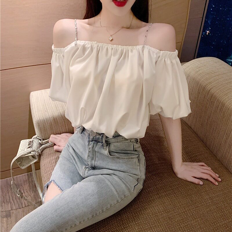 2025夏季新款女性化单肩单线领泡芙袖吊带雪纺衬衫短袖纯色上衣