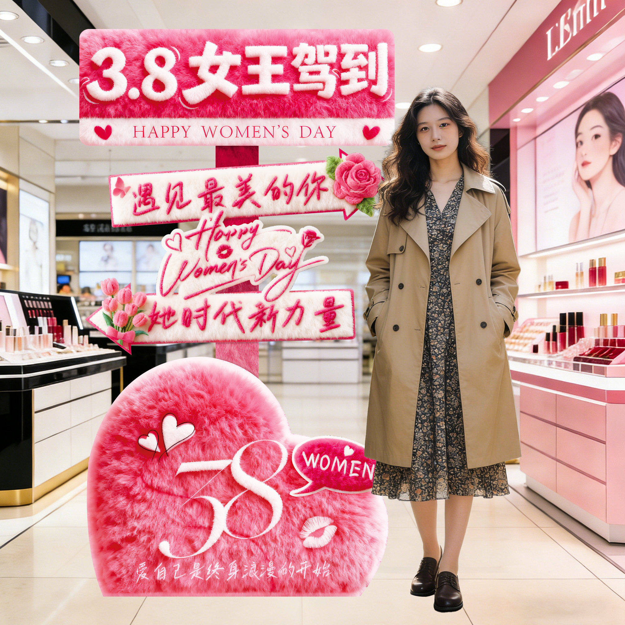 38女神节场景布置三八妇女节活动氛围装饰商场打卡路引kt板指示牌