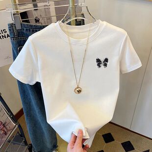 2026夏季新款韩版重工钉珠镶钻纯棉圆领短袖t恤女百搭显瘦上衣潮