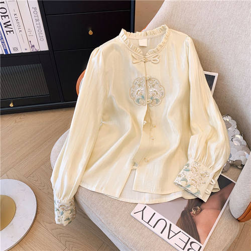 2025秋季新款显瘦立领刺绣长袖上衣洋气新中式轻国风衬衫女上衣潮