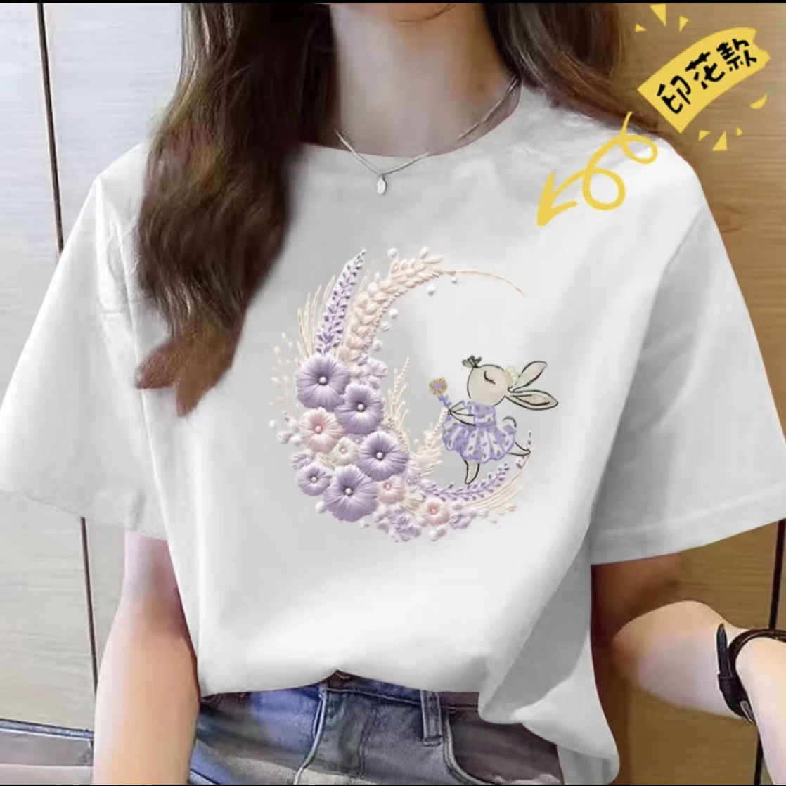 2025夏季新款韩版宽松显瘦纯棉印花T恤女圆领短袖情侣款休闲上衣