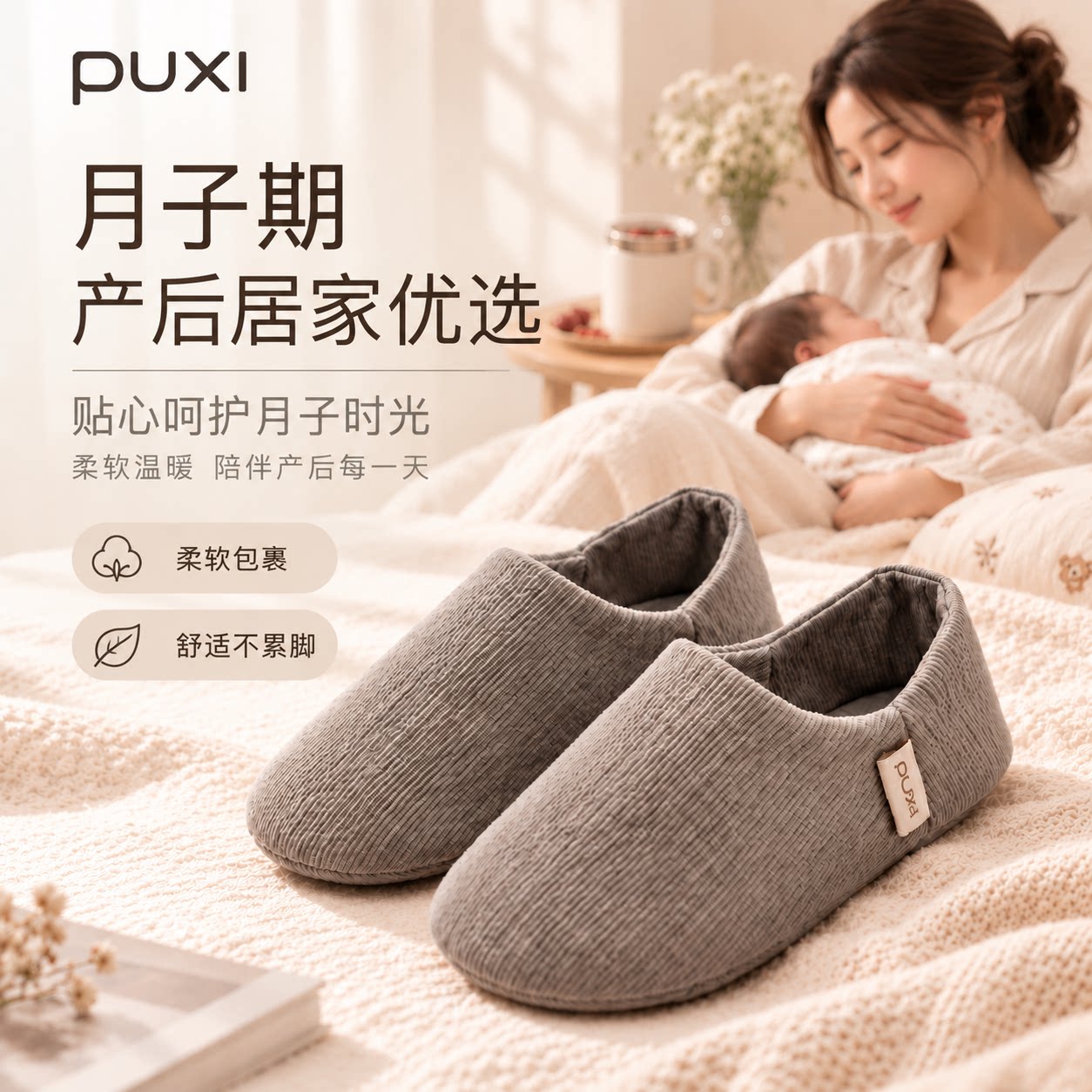 朴西即语棉拖鞋女款包跟爬爬垫专用静音鞋保暖居家防滑软底月子鞋