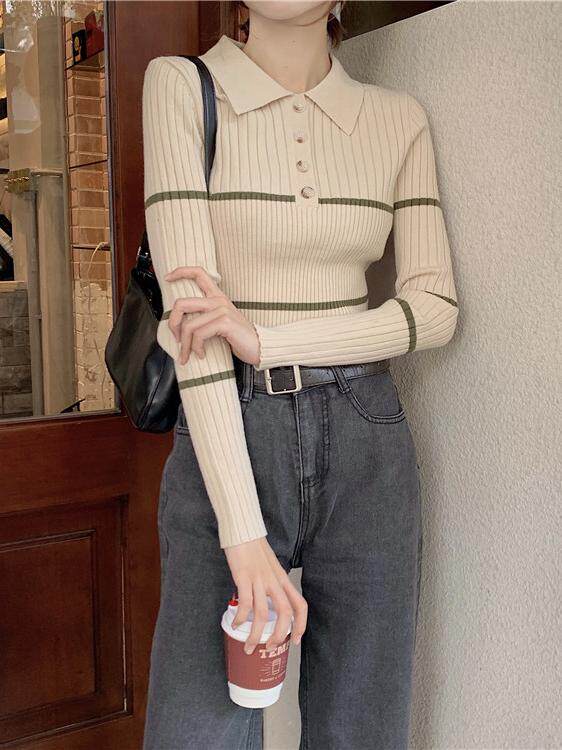 모유 수유 의류 봄과 가을 바닥 셔츠 2022 새로운 줄무늬 폴로 칼라 산후 뜨거운 엄마 스타일 모유 수유 스웨터