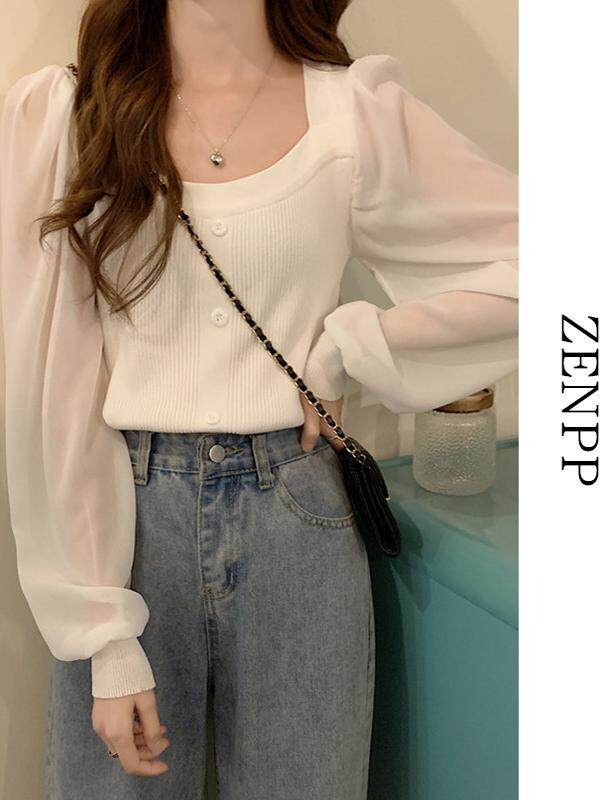 2024 새로운 간호 의류 봄과 가을 나들이 뜨거운 엄마 스타일 간호 탑 트렌디 스퀘어 넥 니트 퍼프 슬리브 셔츠 여성용