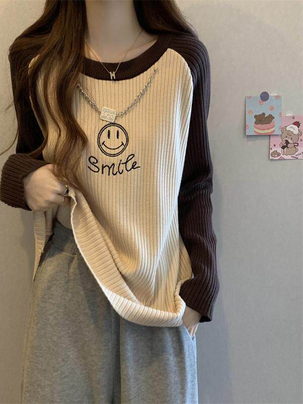 간호 의류 스웨터 스웨터 여성용 셔츠 라운드 넥 가을 겨울 트렌드 2024 한국 스타일 라글란 슬리브 짧은 따뜻한 탑