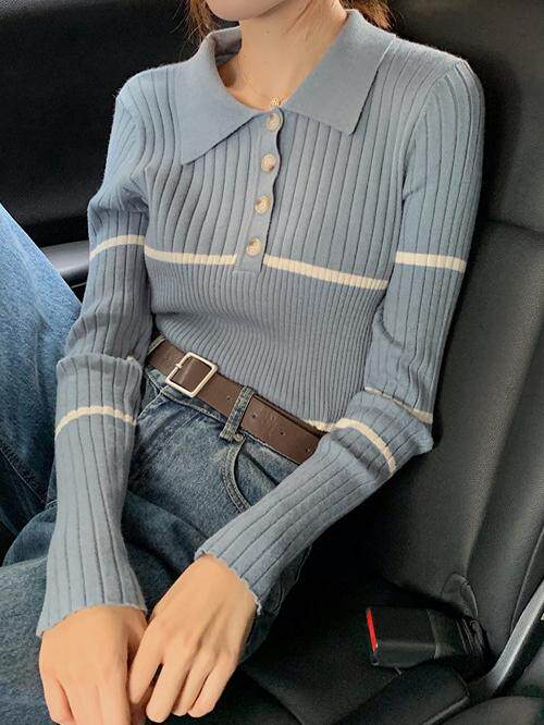 모유 수유 의류 봄과 가을 바닥 셔츠 2022 새로운 줄무늬 폴로 칼라 산후 뜨거운 엄마 스타일 모유 수유 스웨터