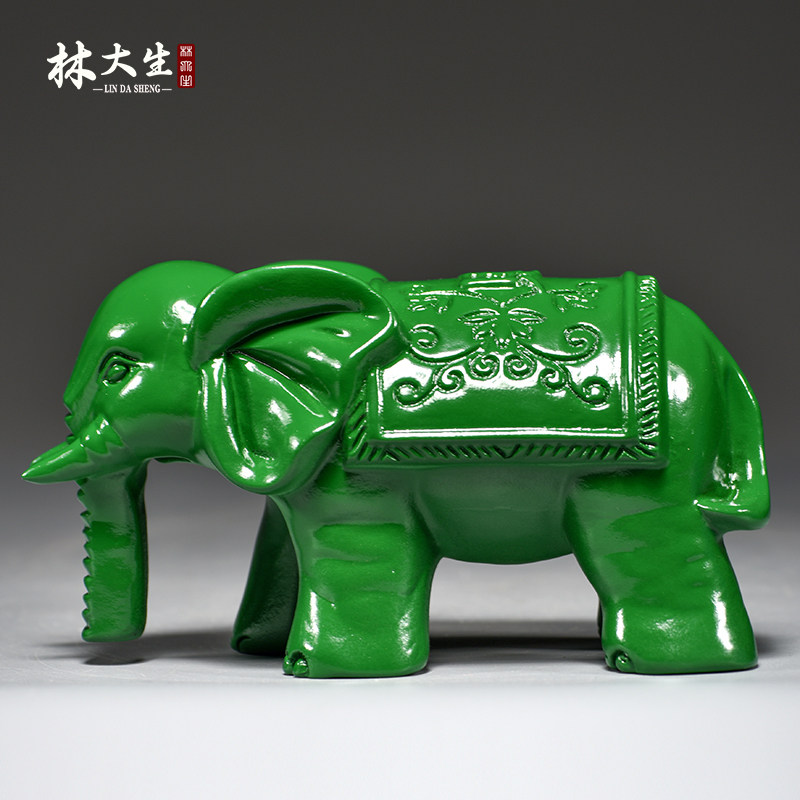 绿色木质吸水大象摆件实木雕刻直鼻子木头象家居装饰木制工艺品