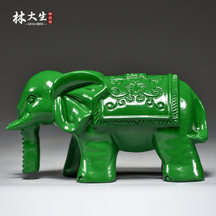 绿色木质吸水大象摆件实木雕刻直鼻子木头象家居装饰木制工艺品