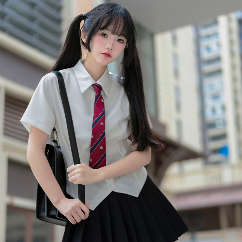 JK收腰衬衫女短袖夏季修身白色衬衣制服学院风辣妹套装灰长袖上衣