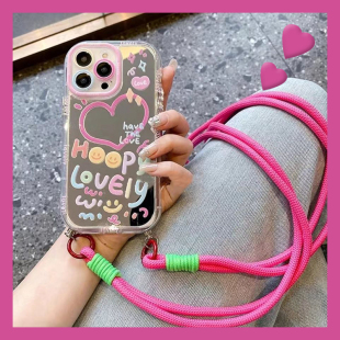 爱心英文适用苹果iphone15promax手机壳14plus镜面13mini镜子12pm日韩11por斜挎8xsmax7可背带x6xr/se2/3硅胶