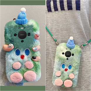 绿色帽子小怪兽适用华为mate80pro+手机壳meta80promax斜挎80rs非凡大师版可背80gts秋冬季十毛绒huawei卡通p