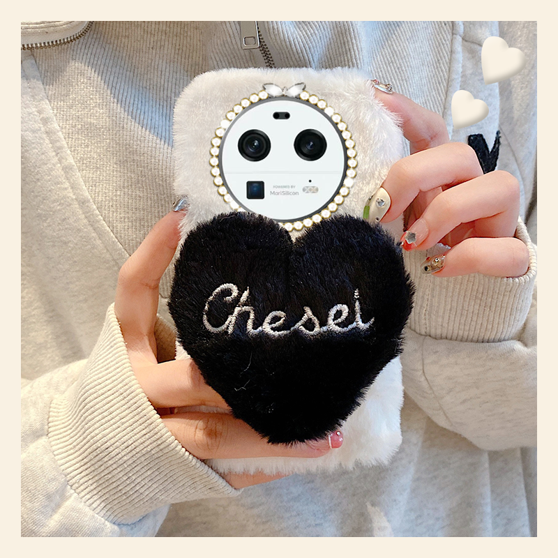 冬天毛绒绒毛茸茸立体黑色爱心手机壳