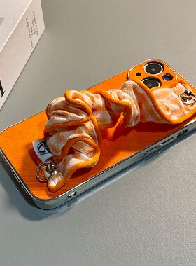 ins风褶皱腕带适用opporeno15手机壳reon14pro格纹13简约12橙色11立体10por+手提9牛仔纹8新款7se软5k十0ppo