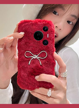 ins风蝴蝶结适用华为pura80pro+手机壳pura70ultra银色p60art毛茸茸40por+十p30秋冬季p20毛绒p10plus红色软p