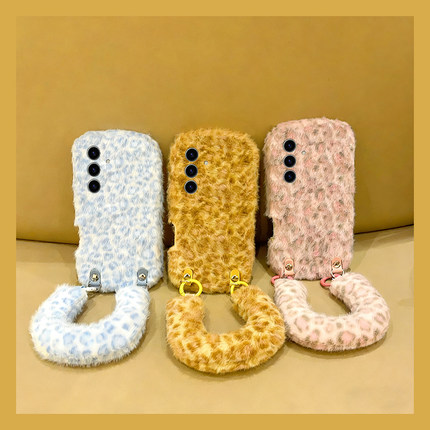 ins风拼色豹纹适用三星s25edge手机壳s24plus斜挎s23+十s22可背s21fe毛绒s20ultra秋冬s10手腕带s9/s8/note20