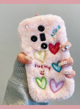 刺绣彩色爱心适用oppo真我x50pro手机壳k12x少女心x7粉色realme日韩findx6pro毛绒ultra秋冬x5x3硅胶k11k10k7