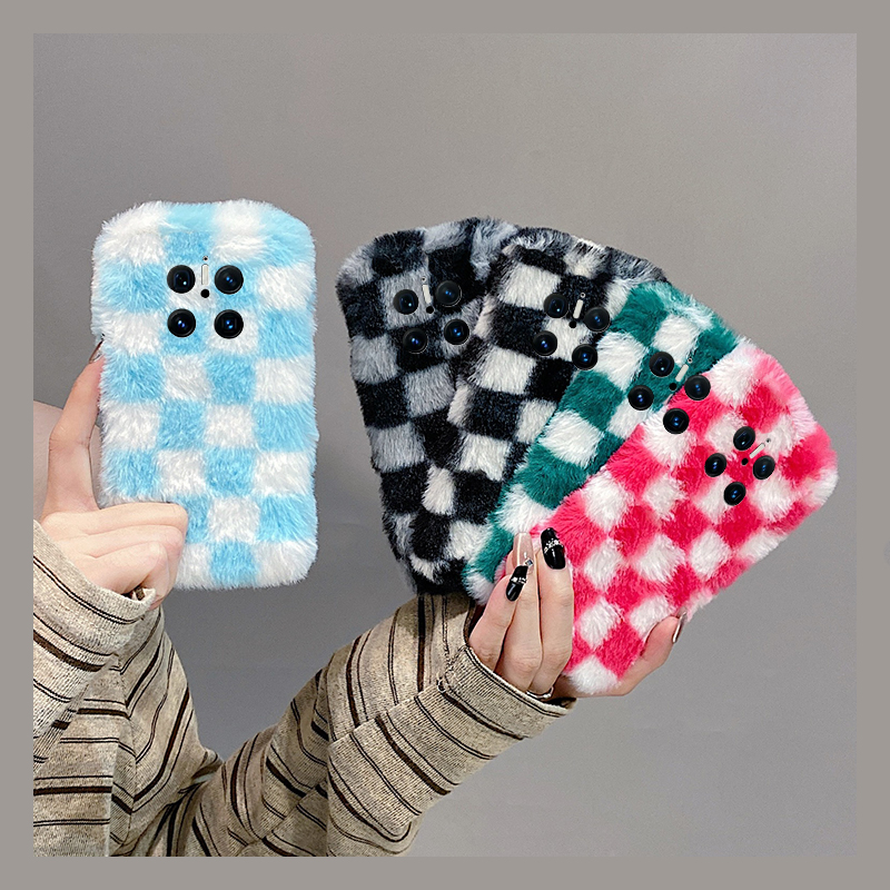 ins风拼色棋盘格适用华为mate70pro+手机壳meta60保暖mata50e撞色rs保时捷设计mete40e十m30秋冬季20x毛绒10