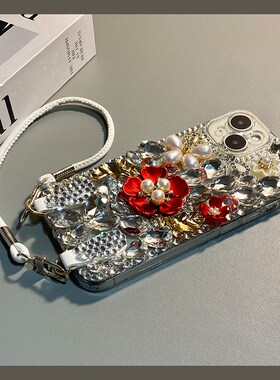 ins风满屏水钻珍珠适用opporeno15手机壳reon14红色13花朵12pro立体11挂绳10por+轻奢9宝石7se软5k/4se/oppo