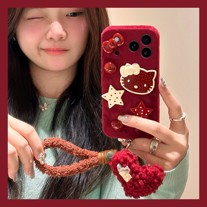 红色星星kt猫适用苹果17promax手机壳华为pura80荣耀400pro小米15挂件vivos30挂绳opporeno14秋冬季x200毛绒o