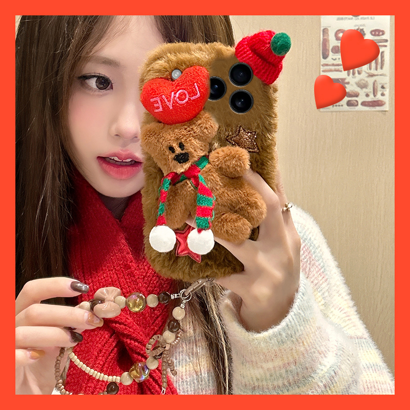 爱心围巾小熊适用苹果17promax手机壳华为pura80荣耀400pro小米15卡通vivos30毛绒opporeno14秋冬季x300挂链p
