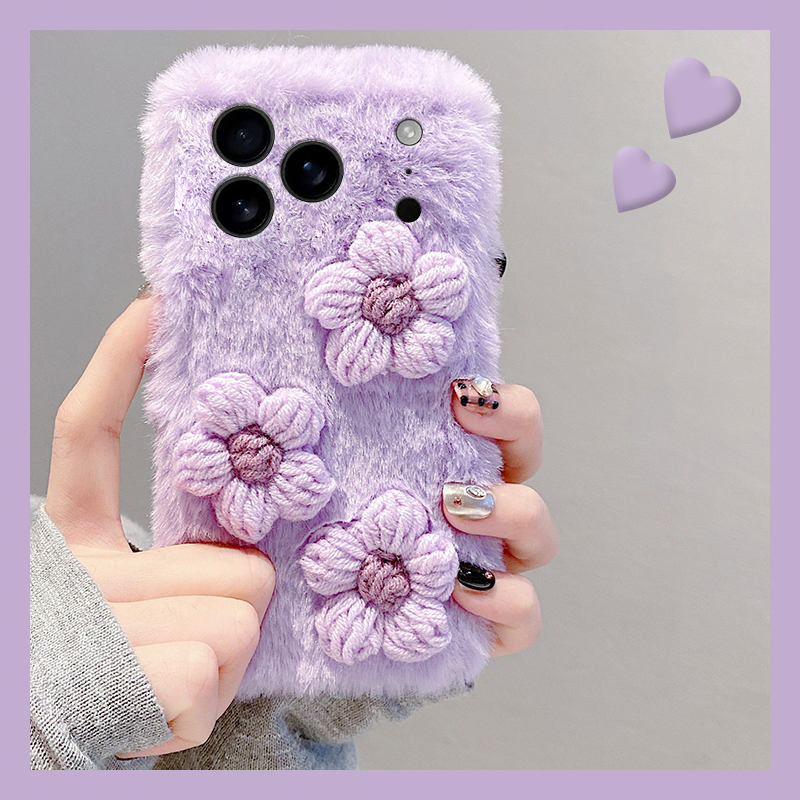 ins风针织花朵适用苹果17promax手机壳华为pura80荣耀400pro小米17紫色vivos30毛绒opporeno14秋冬季x200立体