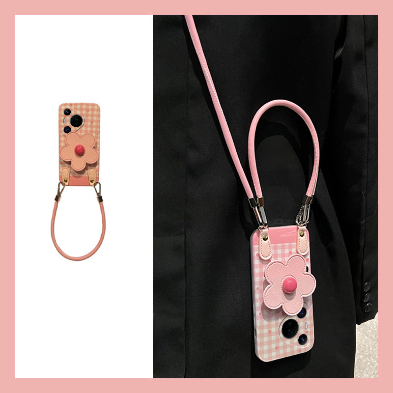 ins风粉色格纹适用华为pura80pro+手机壳pura70ultra立体p60art花朵p50e支架p40斜挎p30十p20可背带p10huawei