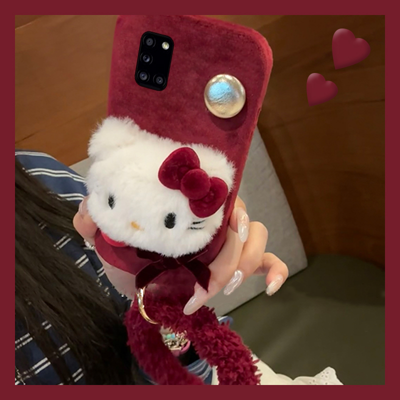 酒红色凯蒂猫适用三星a90手机壳a80立体a70s珍珠a50手环a30秋冬a20毛绒a10硅胶a52毛茸茸a8s女galaxy/a53/f52