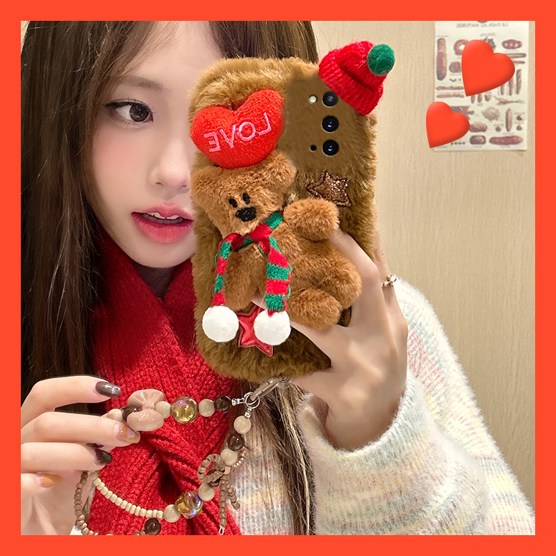 爱心围巾小熊适用三星a90手机壳a80卡通a70s可爱a50秋冬季a30毛绒a20毛茸茸a10挂链a52软a8s/galaxy/a53/f52