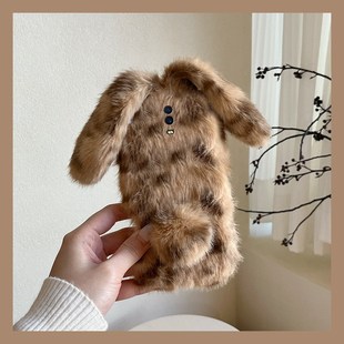 可爱豹纹兔子适用oppor17pro手机壳r15x梦境版 r17立体oppo卡通0pp0毛茸茸软 r11splus耳朵r9s毛绒r7plus秋冬季