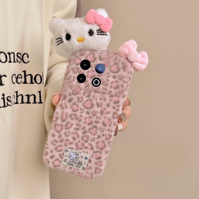 粉色豹纹kt猫适用vivoiqooz10x手机壳iqooz9turbo蝴蝶结z8x立体z7i秋冬季z6x毛绒z5卡通u5x爱酷u3x软iq00/viv