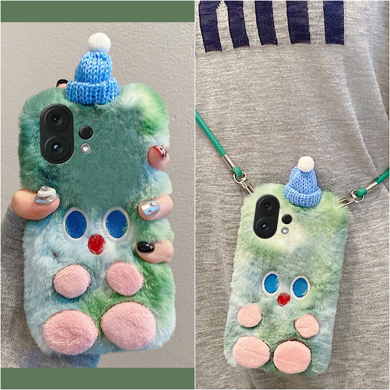 绿色帽子小怪兽适用vivos30promini手机壳s20斜挎s19pro可背s17t秋冬季s16e卡通t1毛绒s15硅胶s12s10s9s7s1