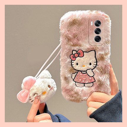可爱kt猫适用opporeno12pro手机壳reno11手绳reon10+十9少女心8卡通7se毛绒绒6硅胶5k趣味4se毛毛3秋冬季oppo