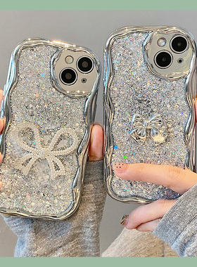 电镀闪粉亮片适用苹果iphone15promax手机壳14plus少女13por立体ipone12蝴蝶结11pm韩系x8xr硅胶7xsmax6se2/3