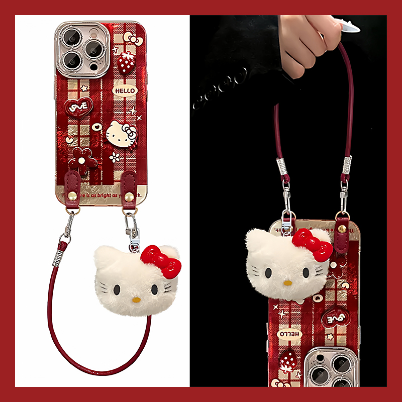红色可爱凯蒂猫适用华为pura80pro+手机壳pura70ultra立体p60art冰川纹p50e挂件p40手提绳p30毛绒十huawei软p