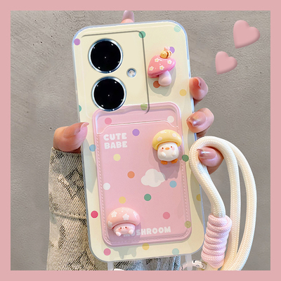 彩色波点适用vivoy200gt手机壳y100t立体y200i蘑菇y77e卡包y97卡套y93s插卡y53硅胶vivo/y35y33y76挂绳粉色女