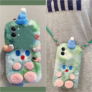 绿色帽子小怪兽适用小米红米turbo5手机壳turbo5max斜挎五可背redmi秋冬季硅胶卡通毛绒绒全包防摔斜跨可爱软
