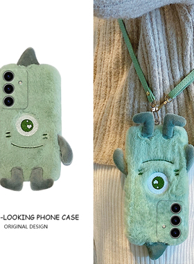 绿色独眼怪适用三星s24plus手机壳s23+十s22斜挎s21fe可背s20ultra卡通s10秋冬季s9毛绒绒s8硅胶note20galaxy
