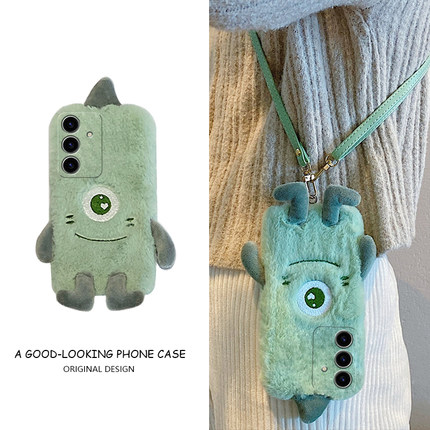 绿色独眼怪适用三星s24plus手机壳s23+十s22斜挎s21fe可背s20ultra卡通s10秋冬季s9毛绒绒s8硅胶note20galaxy