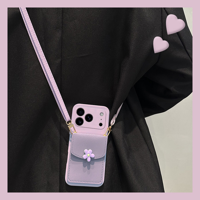 ins风花朵卡包适用苹果17air手机壳iphone16e零钱包15promax斜挎14plus可背带13紫色12软11/8/xrmax/7xs/6sp