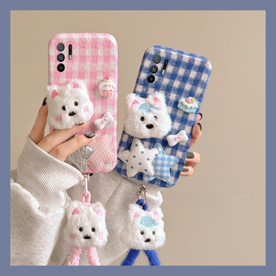 拼色格子西高地适用oppoa3pro手机壳a2x小狗a1挂绳a97秋冬季a96毛绒a95卡通a93a91a72a58a57a52a32a11a9a31a8