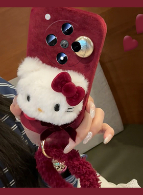 酒红色凯蒂猫适用oppofindx8手机壳真我x50pro立体k12x珍珠x7手环realme毛绒findx6pro女ultra硅胶x5/x3/k10