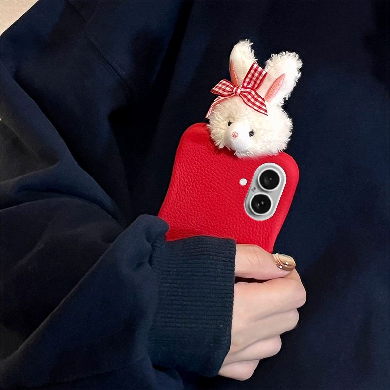 毛绒蝴蝶结兔子适用苹果17手机壳iphone16e立体15promax红色14plus可爱13mini迷你12秋冬11卡通xsmax8硅胶xr7